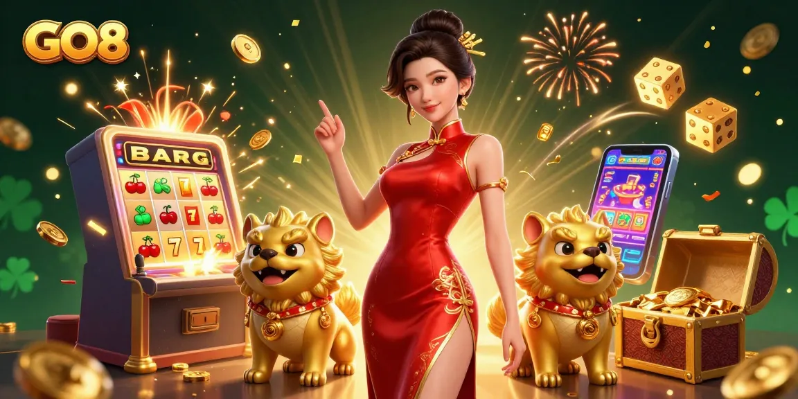 Engage with GO8's thrilling gaming experience featuring dynamic slot machines and vibrant casino elements.