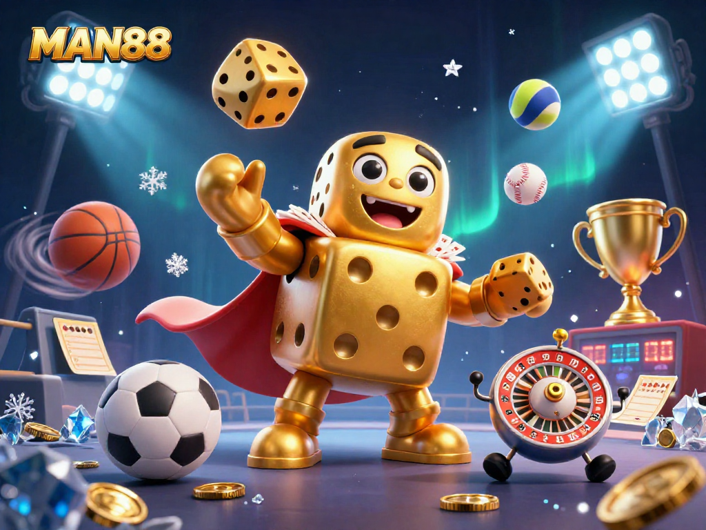 MAN88 invites players to roll massive golden dice in a vibrant, dynamic casino scene filled with excitement.