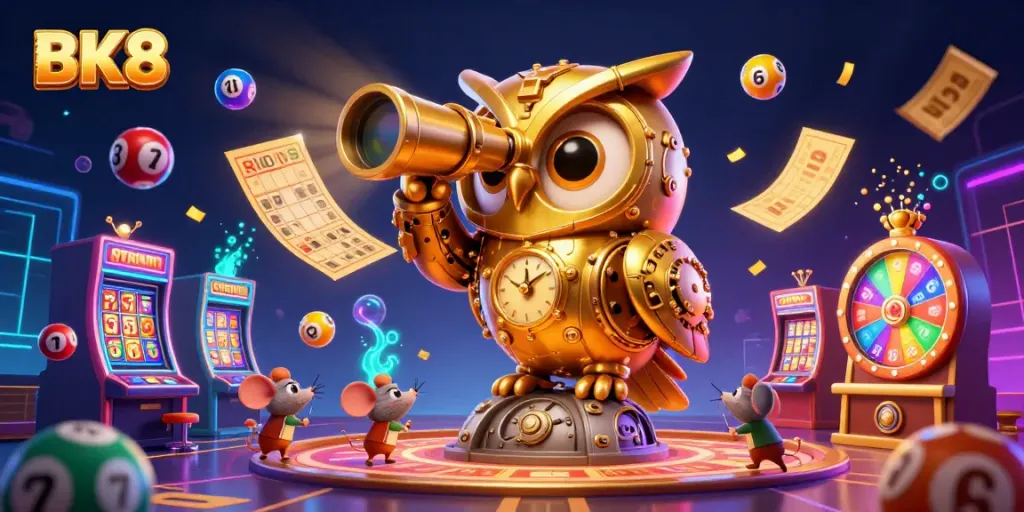 Win big at BK8 with a friendly golden owl and dynamic casino elements in a vibrant, action-packed illustration.