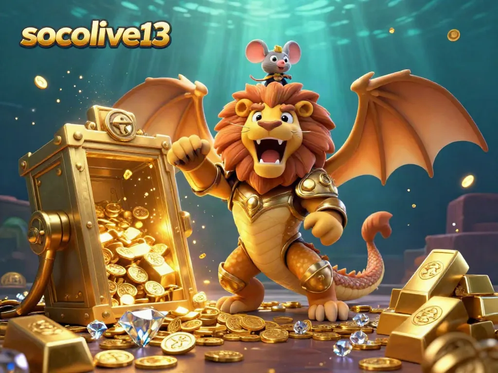 Experience thrilling adventures with socolive13, featuring a roaring chimera and piles of gold, enhancing excitement for players.