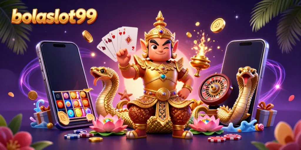 Bolaslot99 offers vibrant and dynamic gaming with a playful Thai guardian and rich casino symbols.