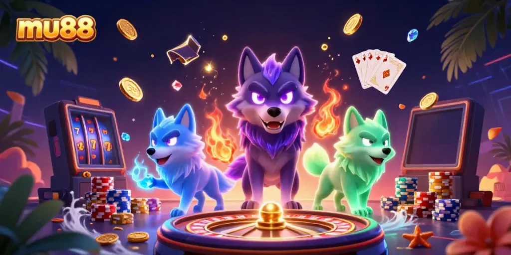 Experience thrilling gameplay at mu88 with ghostly wolves, coins, and casino elements.