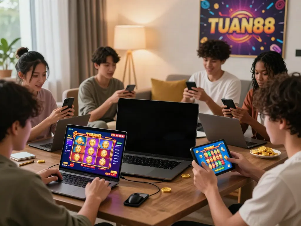 Interactive gaming scene showcasing TUAN88 on mobile devices with lively visuals and player engagement.