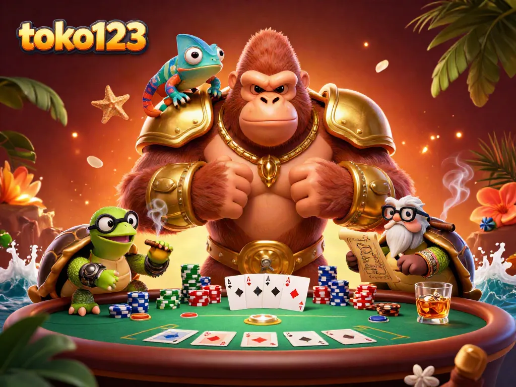 Toko123 showcases a powerful gorilla king at a vibrant poker table surrounded by colorful chips and a wise tortoise