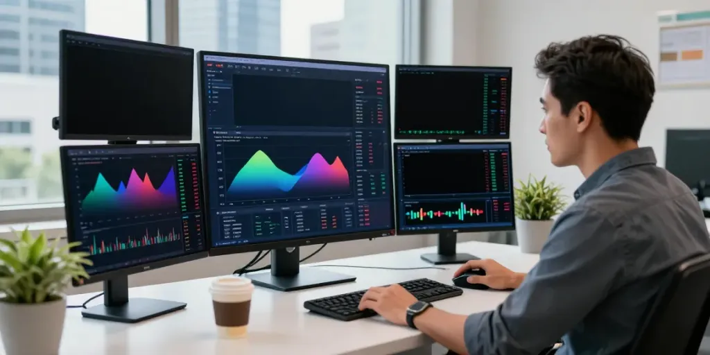 The True Trade trading platform interface displayed on multiple screens in a modern workspace.