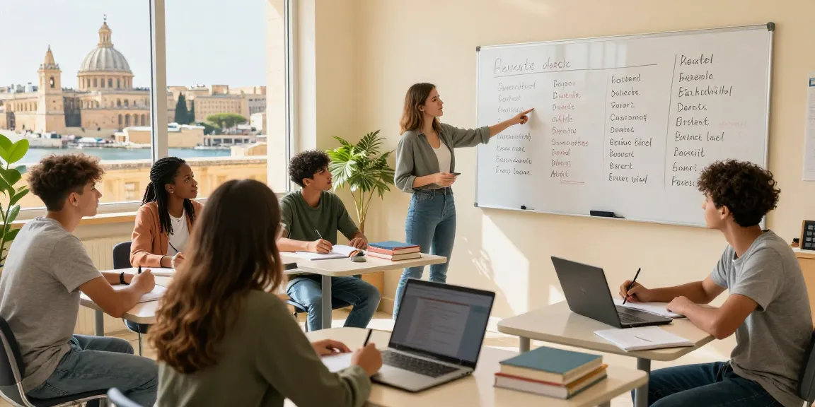 Englischkurse in Malta mit Schülern, die in einem lebendigen Klassenzimmer in Valletta lernen.