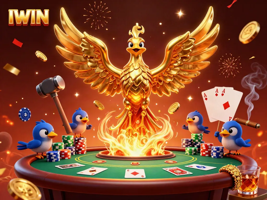 IWIN showcases a vibrant casino scene with a molten golden phoenix and poker elements, highlighting the thrill of gaming.