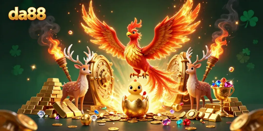 Experience the thrill of da88 with a golden treasure scene showcasing a fiery phoenix and mystical stag.