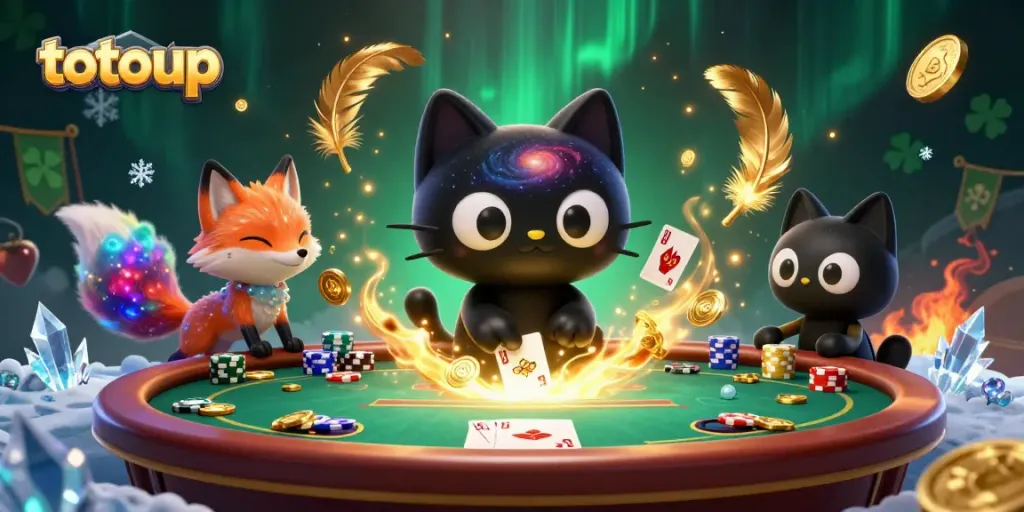 Engage with totoup's exciting poker scene featuring a cosmic black hole cat and nebula fox amidst swirling chips.
