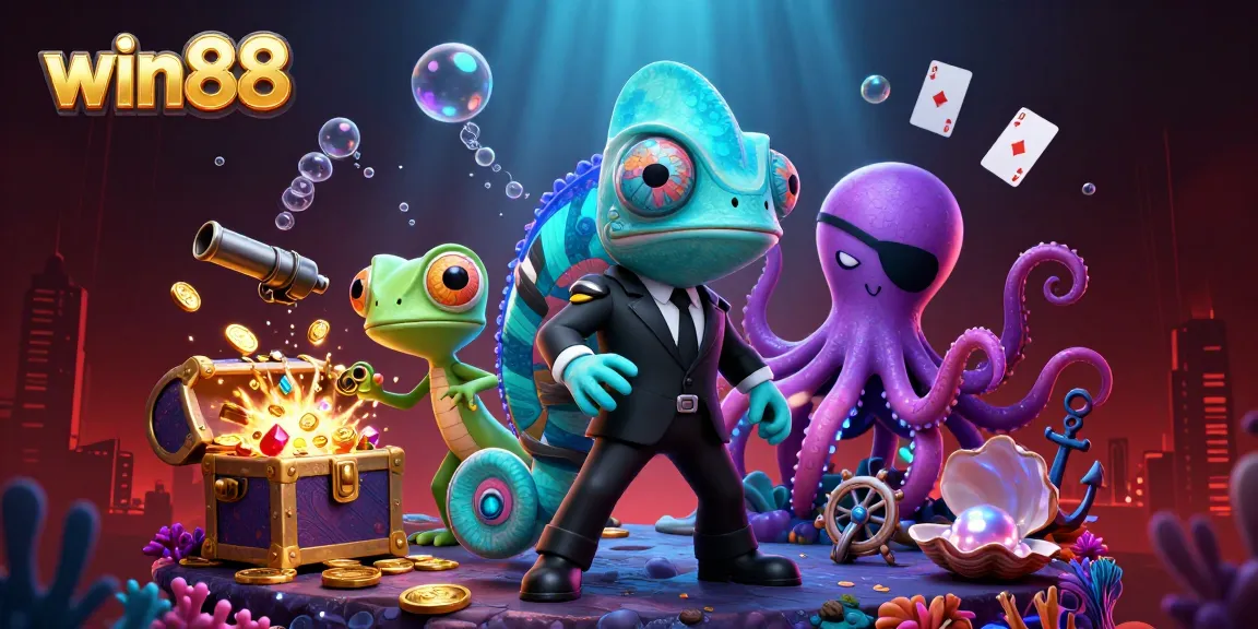 Win88 chameleon agent and gecko in vibrant casino scene with treasures and cards.
