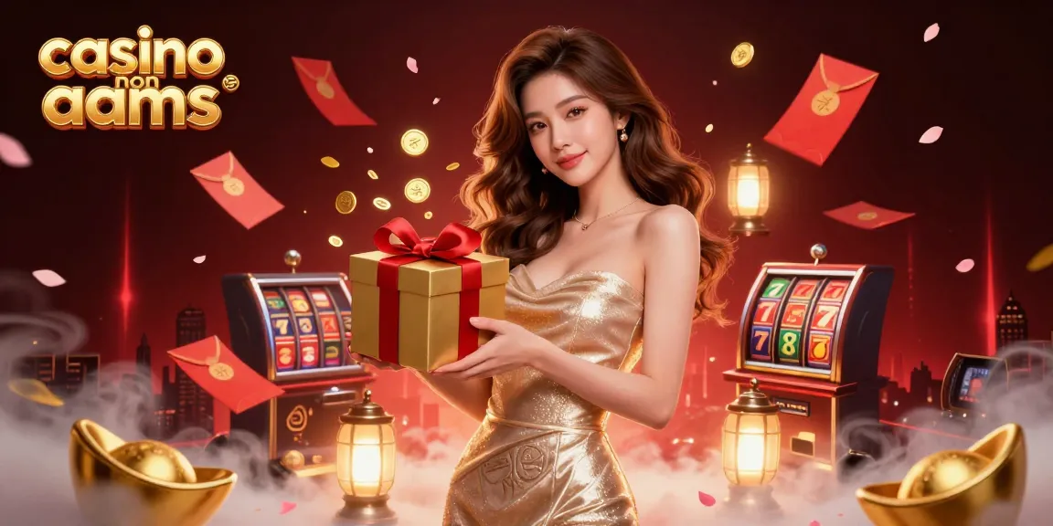 Interagisci con una scena festiva di casinò non AAMS con un modello asiatico tra elementi di gioco vibranti.