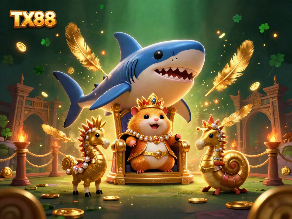 Experience the excitement of TX88 with a dynamic scene of gambling royalty in a vibrant, magical arena.