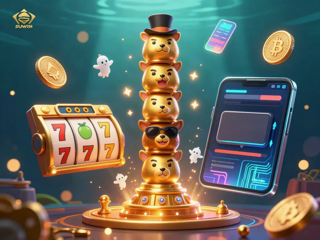 Suwin-themed casino illustration featuring a golden totem pole amid vibrant slot reels and crypto elements, creating an engaging gaming experience.