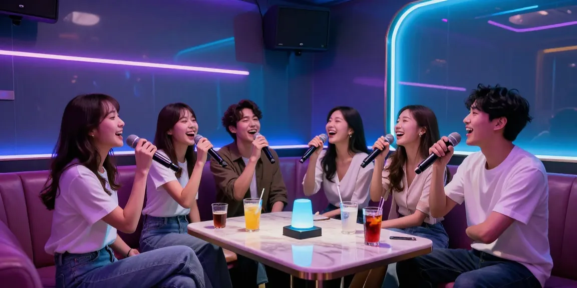 강남 도파민에서 즐거운 노래를 부르고 있는 친구들, 세련된 인테리어와 아늑한 조명이 어우러진 모습