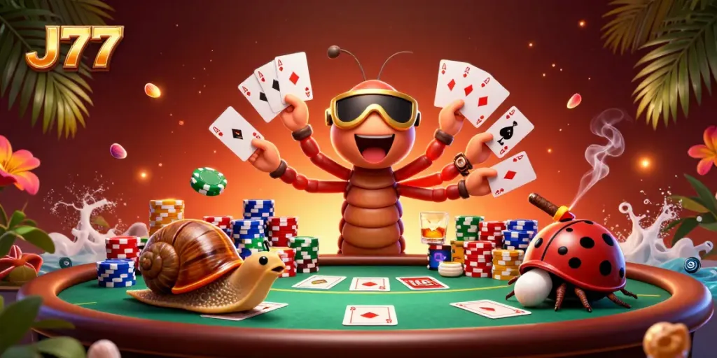 Visualize an energetic gaming scene with J77, featuring a cartoon millipede dealer and whimsical characters.