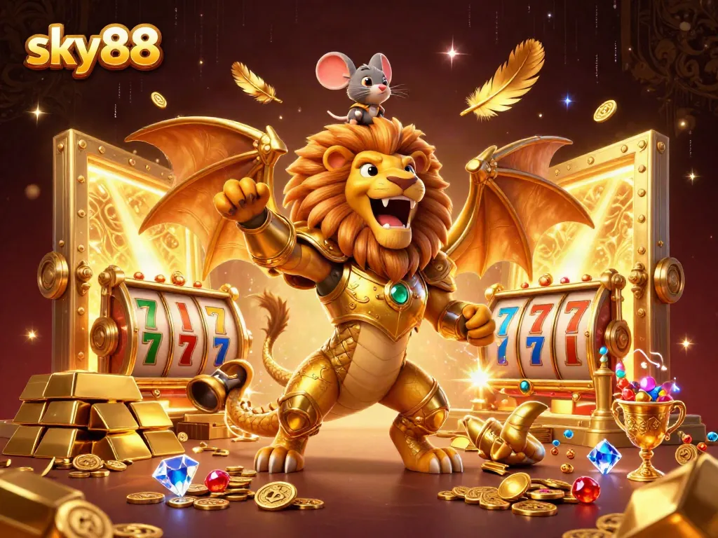 Experience thrilling wins at sky88 with a dynamic game scene illustrating jackpot excitement and brilliant treasures.