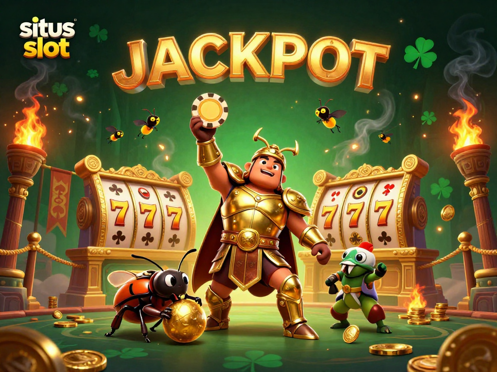 Situs slot scene with a victory pose beetle lifting a poker chip amid jackpot action and vibrant game elements.