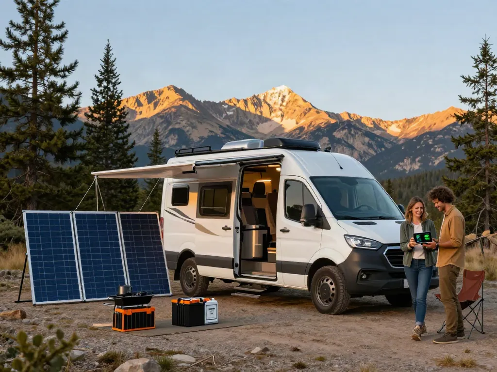 Campers enjoying the outdoors with a lithium RV battery setup for off-grid travel.