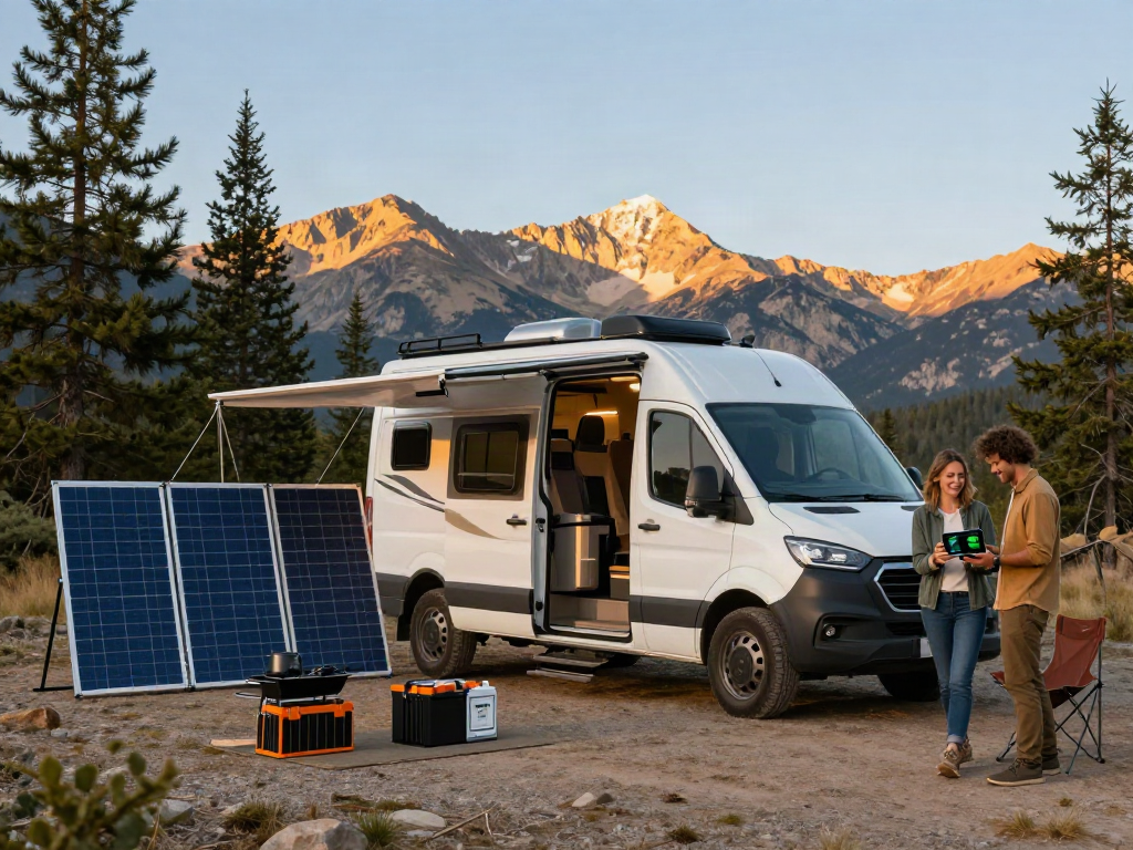 Campers enjoying the outdoors with a lithium RV battery setup for off-grid travel.