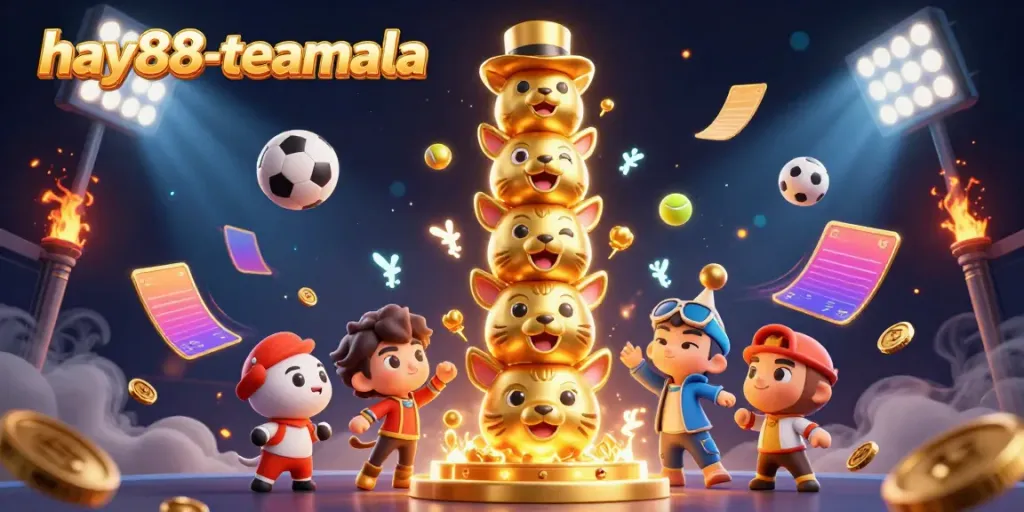 Experience dynamic sports betting with hay88-teamala's vibrant totem-style illustration featuring action-packed elements.