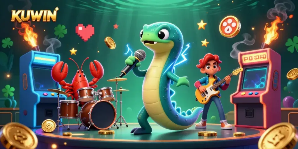 KUWIN's vibrant underwater casino scene with lively characters and gaming elements.