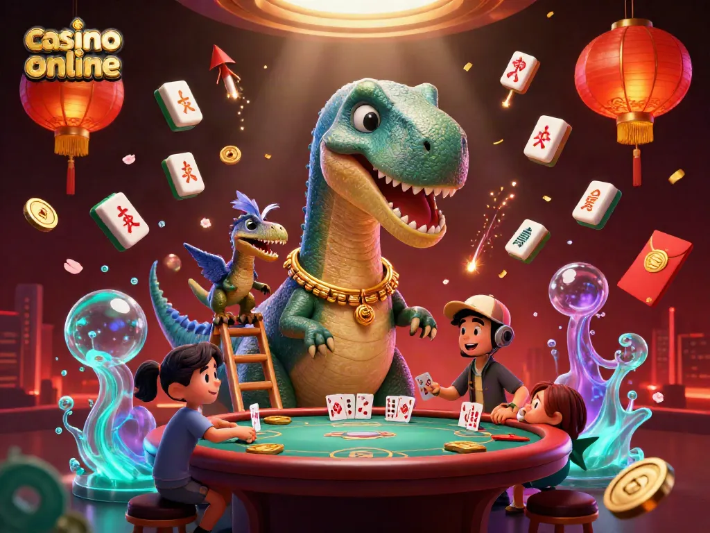 Jugando en el mejor casino online mientras un dinosaurio gigante observa desde arriba.
