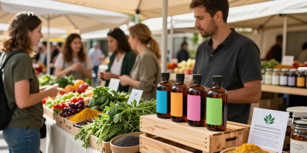 Schwarzkümmelöl von Naturzade auf einem Markt, umgeben von frischen Kräutern und gesunden Produkten.