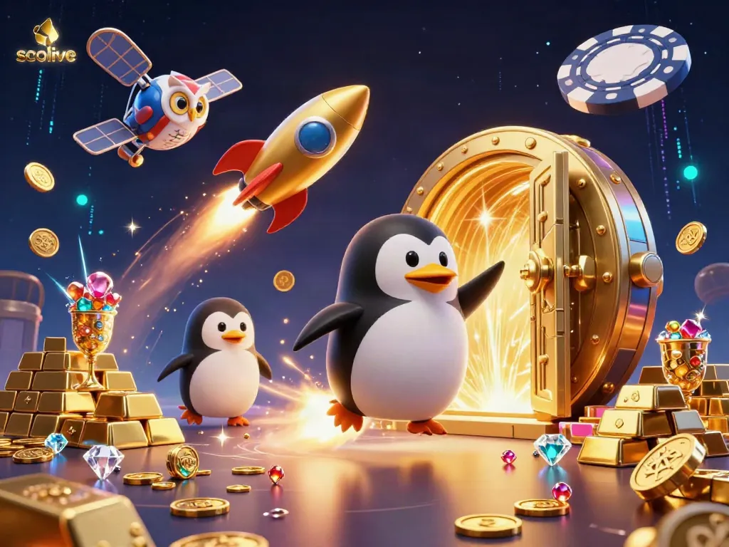 Socolive showcases a golden penguin soaring toward a vibrant casino space station, surrounded by treasures.