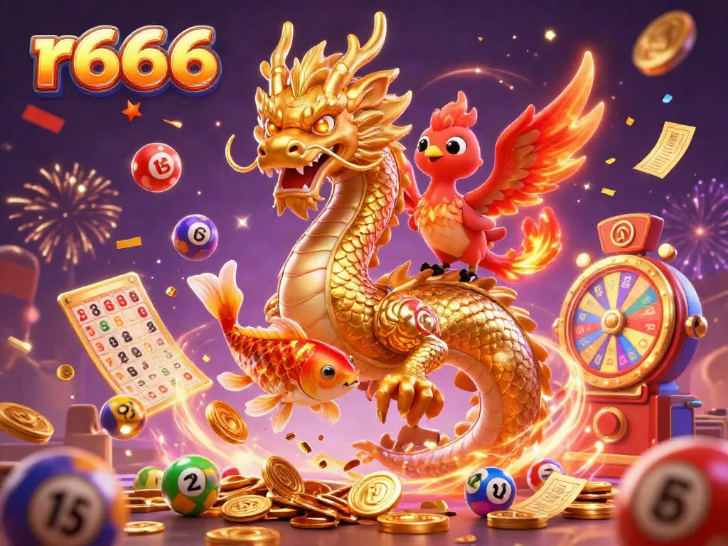 Experience thrilling gambling adventures with r666 featuring a golden dragon, phoenix, and coins!