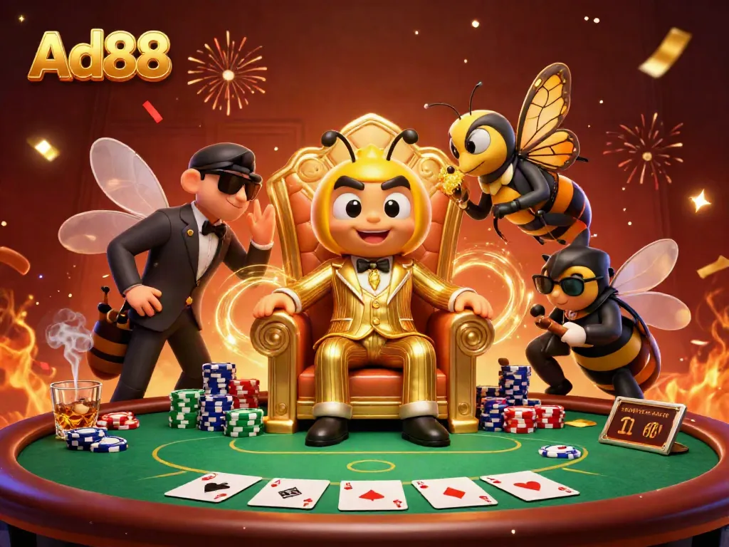 Experience thrilling poker action at Ad88 with a mob boss and his entourage amidst vibrant casino elements.