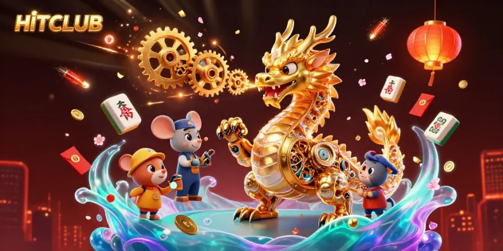 Engage in HITCLUB gaming with a golden dragon and vibrant casino elements in this dynamic illustration.