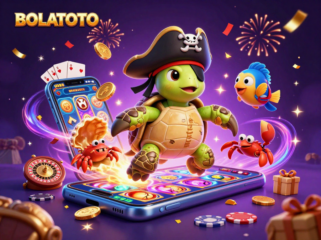 BOLATOTO showcases a pirate turtle, crab, and parrotfish among slot games and treasures in a festive casino scene.