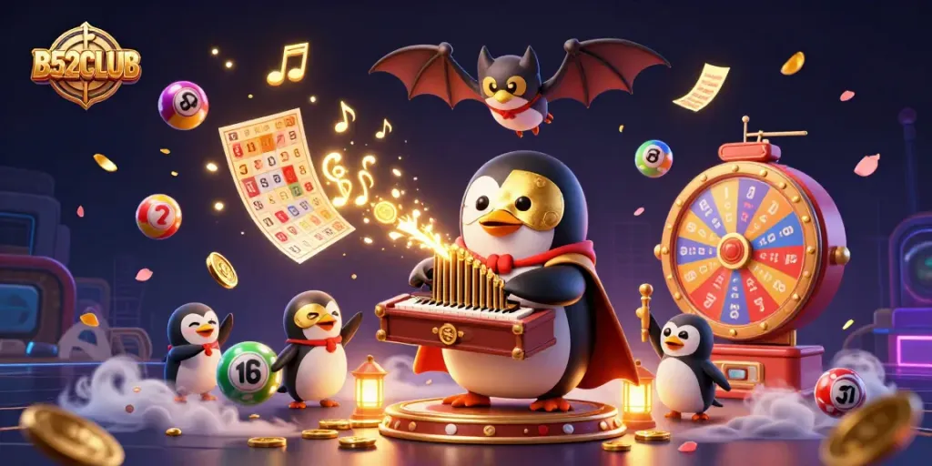 B52CLUB offers thrilling moments as a phantom penguin plays and wins big amid colorful gambling elements.