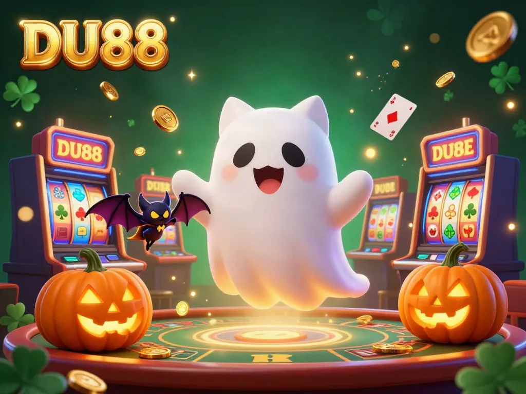 Engage with DU88's magical casino atmosphere featuring a friendly ghost cat, vampire bat, and glowing poker-themed jack-o-lanterns.