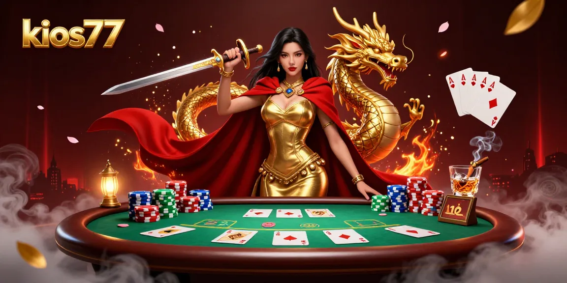 Experience thrilling gameplay at kios77 with a dynamic 3D casino scene featuring poker elements and a warrior queen.