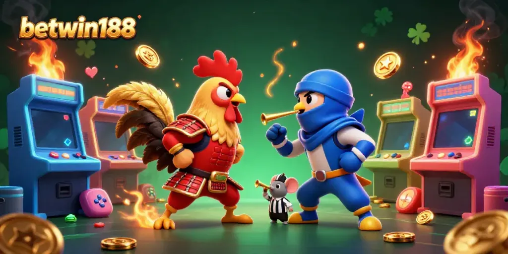 Mainkan betwin188 dengan dua ayam tempur dalam pertarungan dramatis di arena kasino 3D.