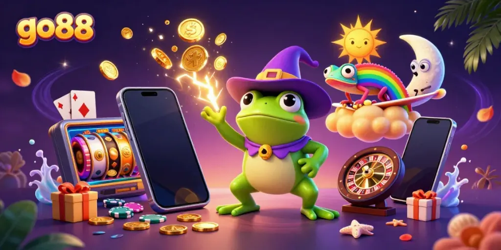 Experience the excitement of go88 with a vibrant 3D scene of gaming characters amidst golden coins.