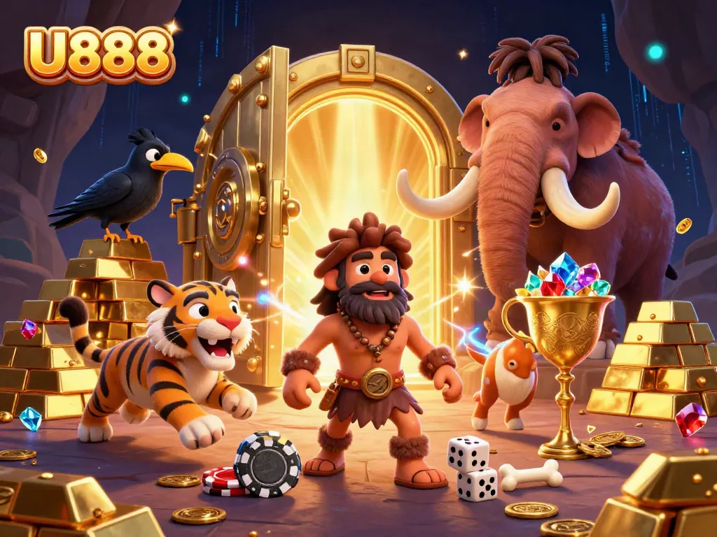 U888 featuring a lively prehistoric casino scene with cartoon characters and dazzling treasures.