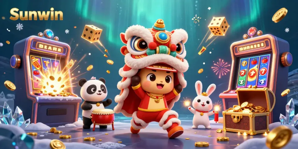 Sunwin offers a vibrant 3D scene of a festive lion dance with casino symbols and games, celebrating the gaming experience.