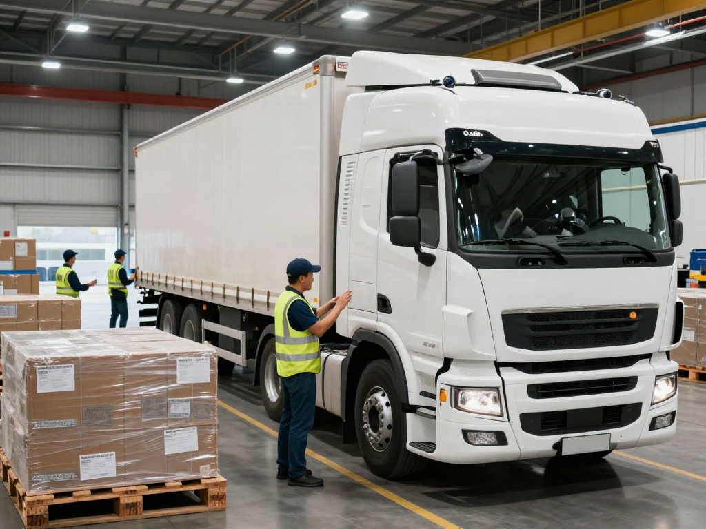 Ocargo LKW Transport Szene mit einem Fahrer, der Lasten in einem modernen Logistikzentrum überprüft.