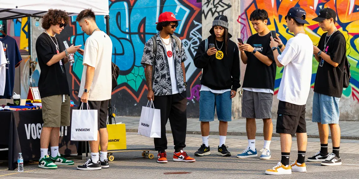 Voghion's trendy urban fashion scene with stylish young adults showcasing diverse outfits in a vibrant street setting.