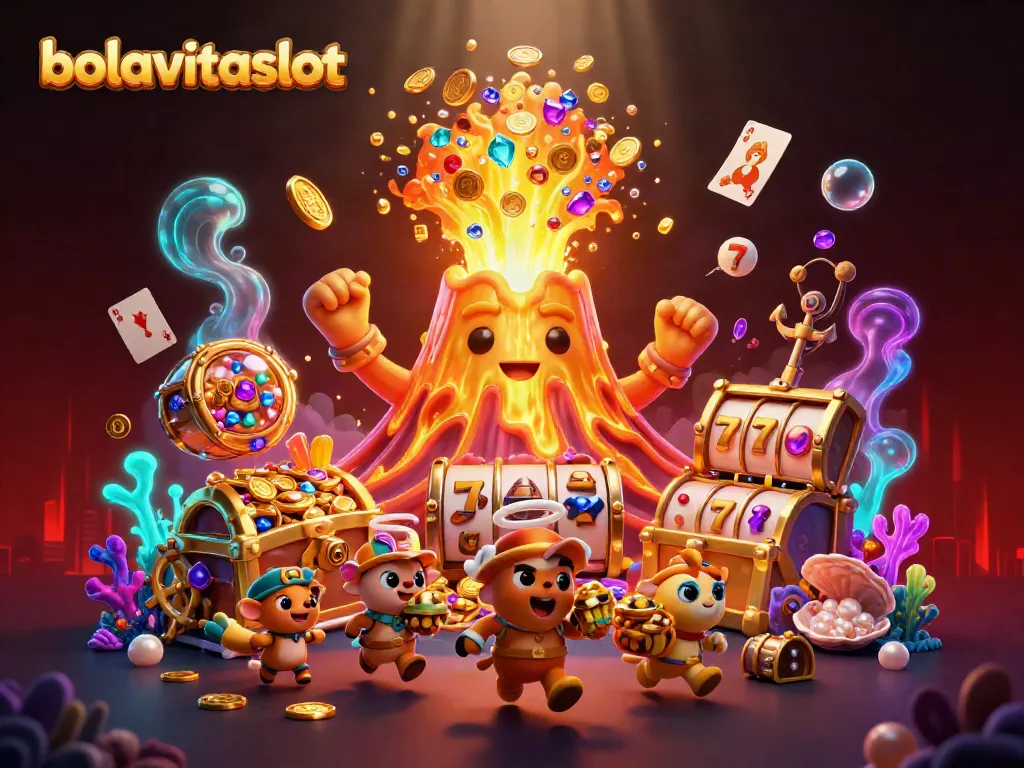 Experience the excitement of bolavitaslot with golden treasures erupting from a volcano in this vibrant illustration.