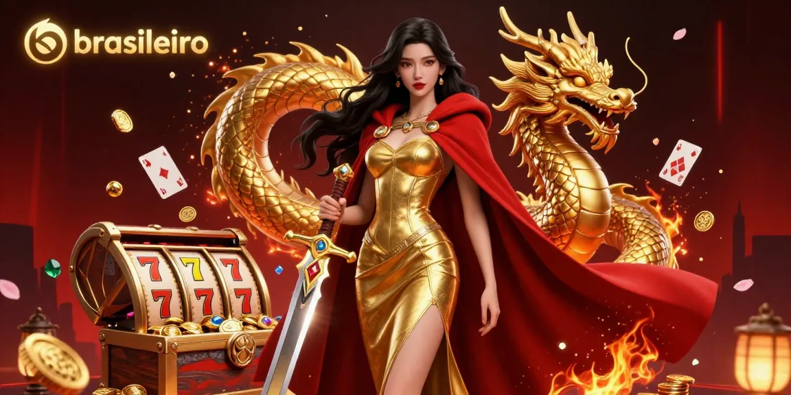 Engage in thrilling slots at brasileiro with a warrior queen amidst golden treasures and casino elements.