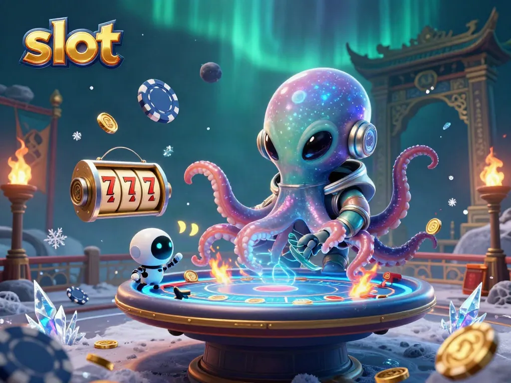 Alien octopus operates a slot-themed holographic poker table with its robot companion.