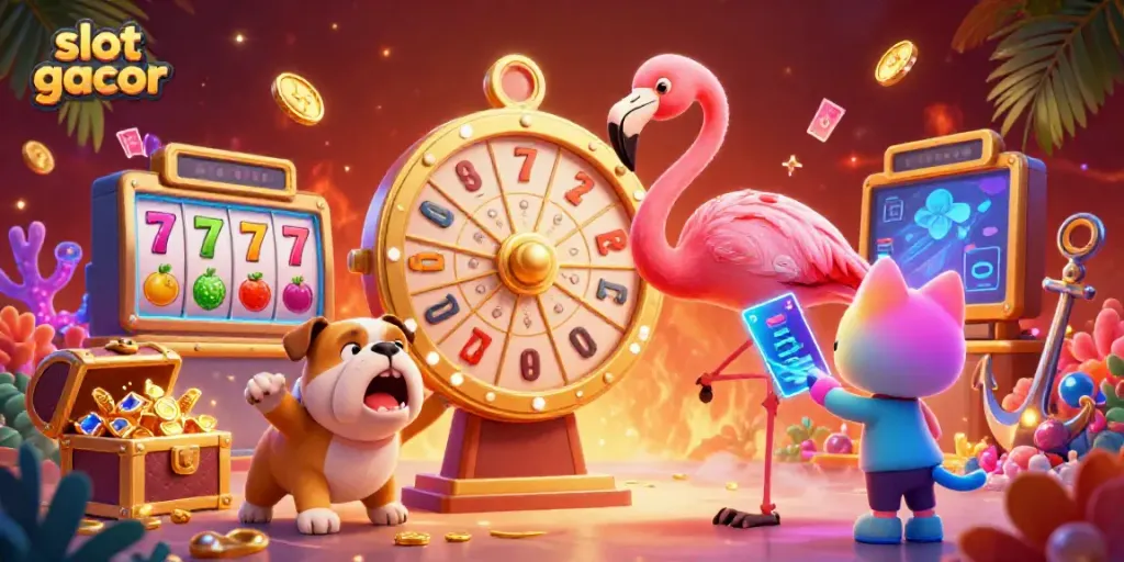 Engage with vibrant slot gacor action in an exciting 3D casino scene filled with game elements.