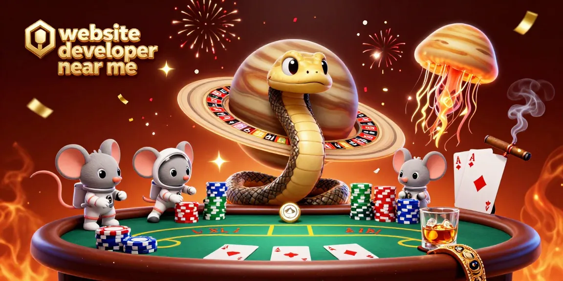 Engage in playful bets with a 3D illustration showcasing a website developer near me in a cosmic casino.