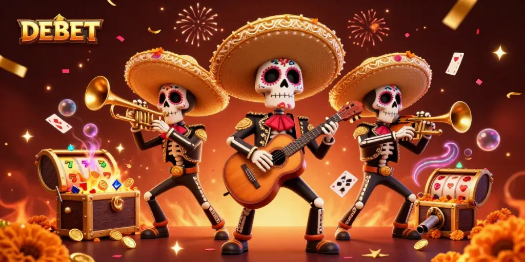 Experience thrilling slots at DEBET with a vibrant 3D illustration featuring a mariachi band and rich casino elements.