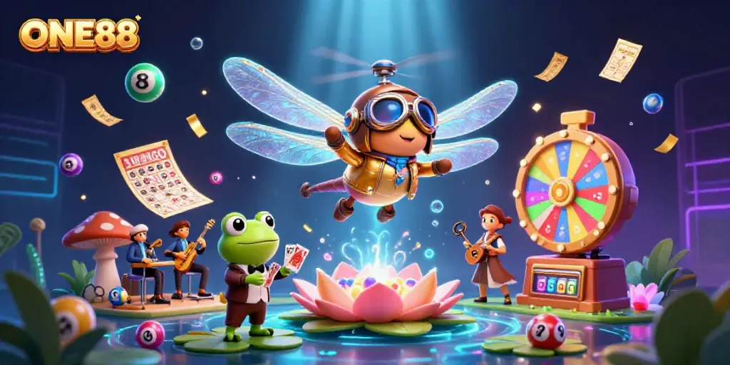 Engage in thrilling gaming with ONE88 at the lily pad casino, featuring dynamic characters and vibrant elements.