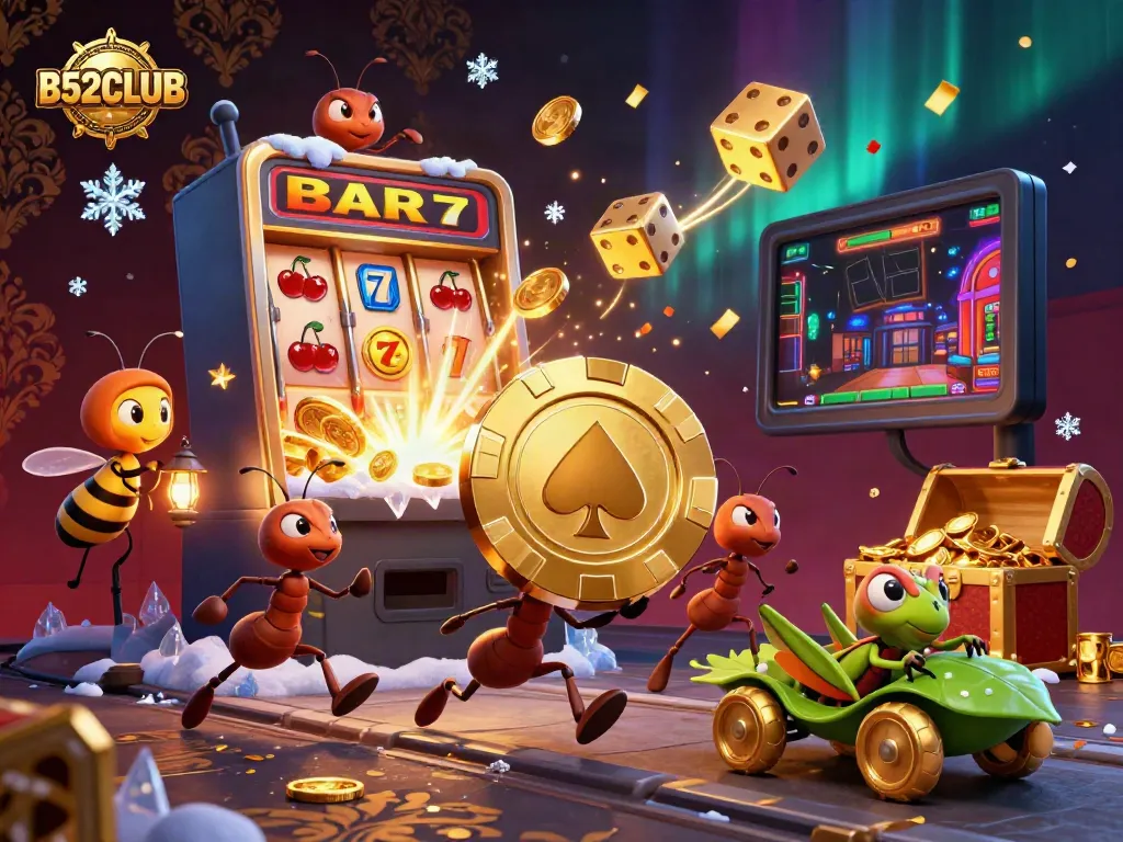 Experience the thrills of B52CLUB as cartoon ants triumphantly carry a giant poker chip in a dynamic casino heist.