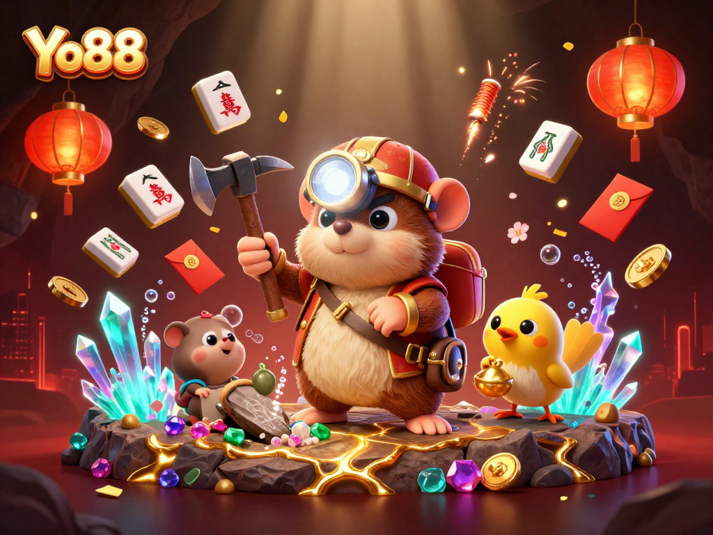 Yo88 treasure hunter mole explores a gem cave filled with golden nuggets amidst vibrant symbols.